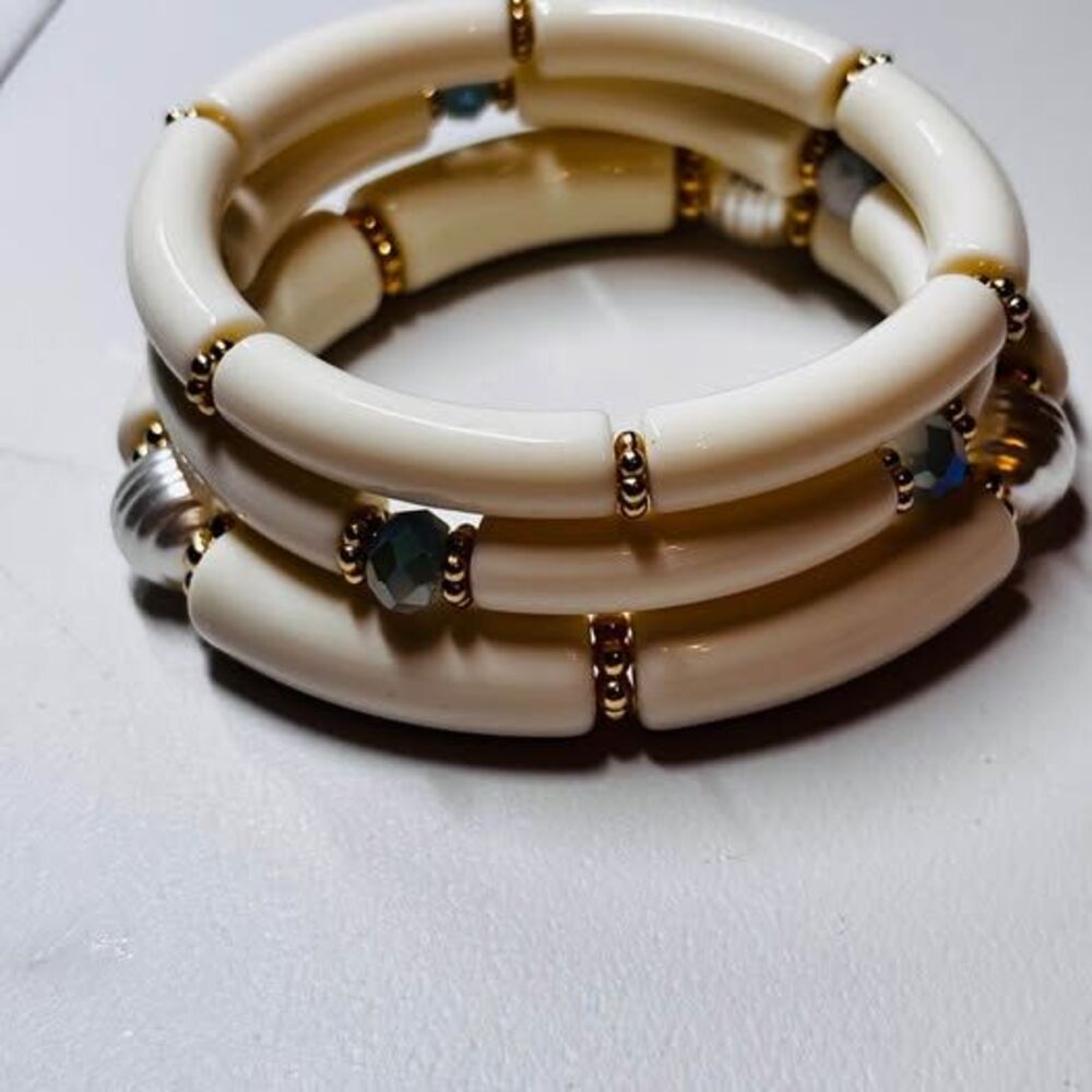 Chunky Cream & Gold Acrylic Bamboo Tube Stretch Bracelet Stack (Set of 3)